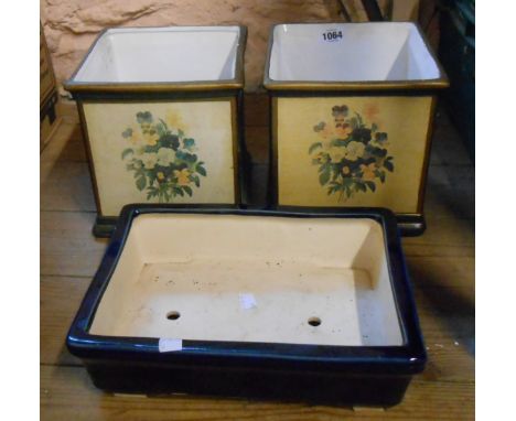 A pair of modern ceramic planters of square form, with floral decoration - sold with a glazed pottery bonsai dish