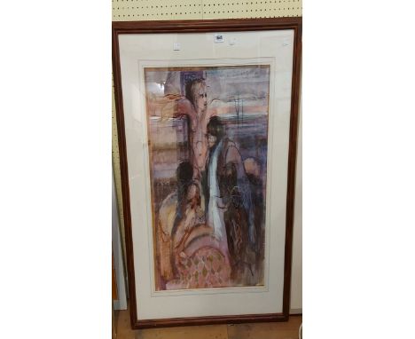 †John Scarland: a framed watercolour, depicting a stylised image of the crucifixion - 72cm X 52cm - sold with a framed work-u