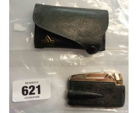 A vintage Ronson cigarette lighter with leather binding and original case