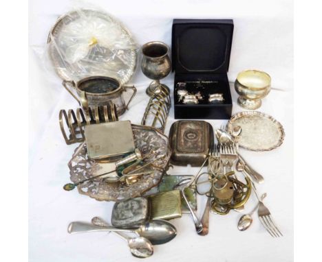 A box containing a quantity of silver plated and other items including boxed cruet set, toast racks, cutlery, etc.