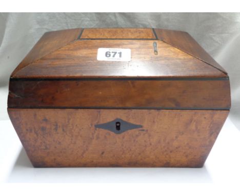 A 19th Century mixed wood and ebony strung tea caddy with three lidded compartments - feet detached, three present