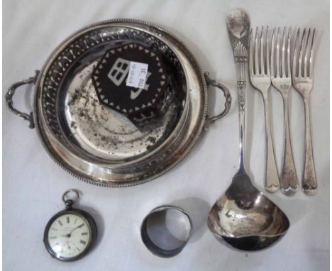 A damaged silver napkin ring and 935 cased back wind lever pocket watch - sold with several pieces of silver plate and an Eas