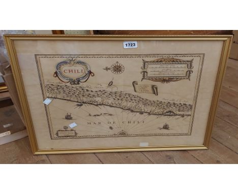 William Blaeu: a set of six matching gilt framed antique hand coloured map prints including 'Chili' and 'Brasilia', etc. - on