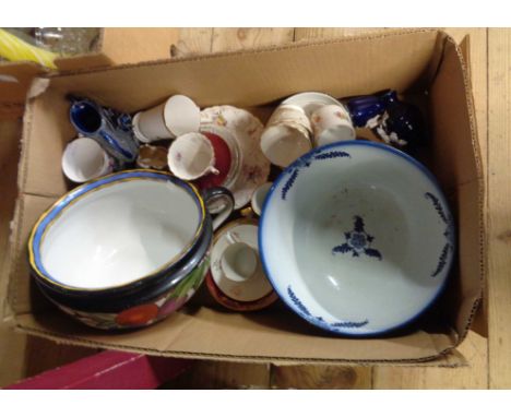 A box containing assorted ceramic items including Adderleys Pomona chamber pot, etc.