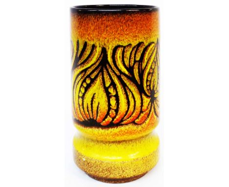 A vintage Poole Pottery vase from the Aegean range, with abstract foliage decoration on a yellow and orange mottled glaze gro