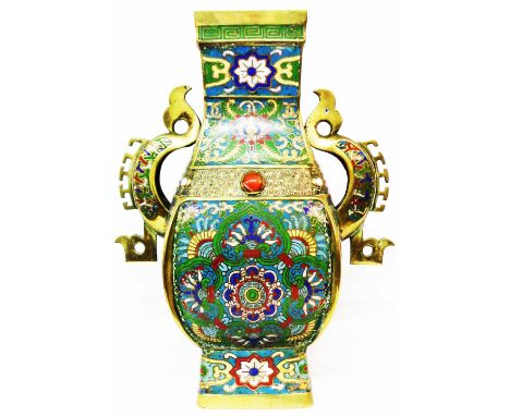 A large Chinese cloisonne and brass vase with applied cabochons and molded seal mark to base