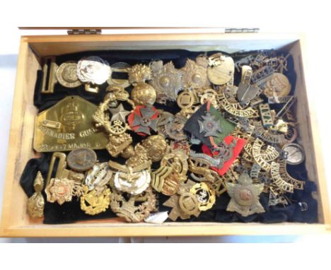 A glazed tabletop display case containing military and other service badges, name insignia, Grenadier Guards brass plate, Bri