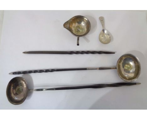 Two Georgian toddy ladles with coin set bowls and twisted whale bone handles - sold with another a/f and a Georgian silver ca
