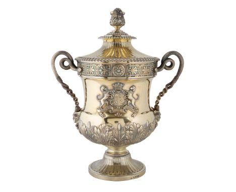 A GEORGE III SILVER-GILT URN, WILLIAM BURWASH AND RICHARD SIBLEY, LONDON, 1811 of campana form, two handles formed from coile