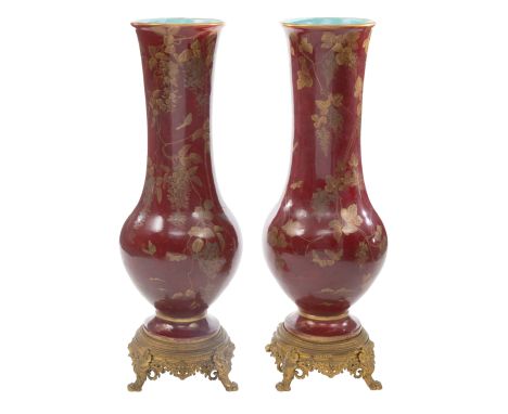 A PAIR OF EUROPEAN MONUMENTAL CHINOISERIE STYLE VASES ON ORMOLU BASES, LATE 19TH-EARLY 20TH CENTURY both of baluster shape wi