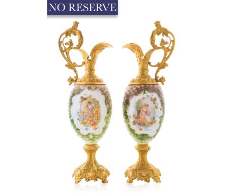 PAIR OF ORMOLU-MOUNTED TWO HANDLED SEVRES STYLE VASES, LATE 19TH-EARLY 20TH CENTURY of ovoid baluster form, two handles forme