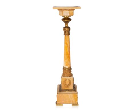A CONTINENTAL NEOCLASSICAL STYLE AGATE PEDESTAL, LATE 19TH CENTURY  the top of square form, with a cylindrical column, both t