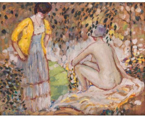 VERA KHLEBNIKOVA (RUSSIAN 1891-1941) Sun Bathing, 1920s oil on cardboard 40 x 51 cm (15 3/4 x 20 in.) [sight] signed lower le