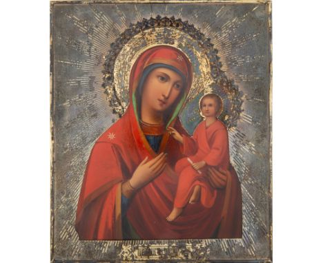 A RUSSIAN ICON OF THE IVERSKAYA MOTHER OF GOD WITH SILVER OKLAD, ST. PETERSBURG, 1873depicting the Iverskaya Mother of God, e