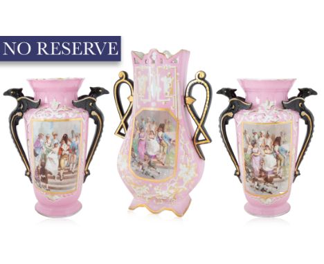 SET OF THREE PORCELAIN VASES, TWO AUSTRIAN-HUNGARIAN, LATE 19TH CENTURYgroup of three porcelain pink vases with gold and blac