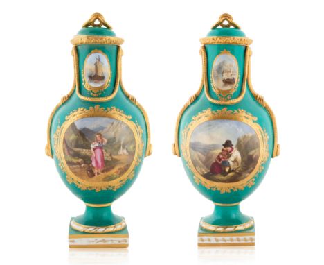 A PAIR OF COVERED BRITISH PORCELAIN VASES, COALBROOKDALE, COALPORT, 1850S-1860Sin Rococo taste, each of baluster form, with a