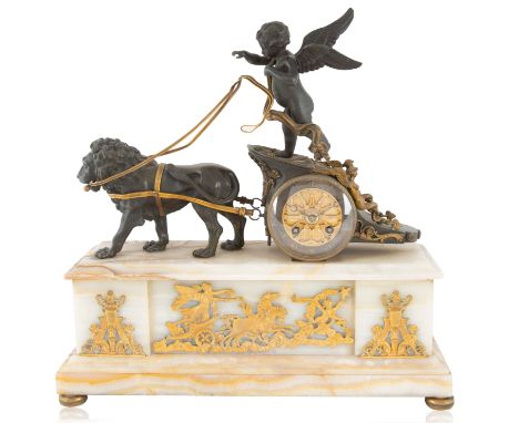 A FRENCH BRASS AND MARBLE FIGURAL CLOCK, EARLY 20TH CENTURY the brass formed as a cherub riding a chariot led by a lion, the 