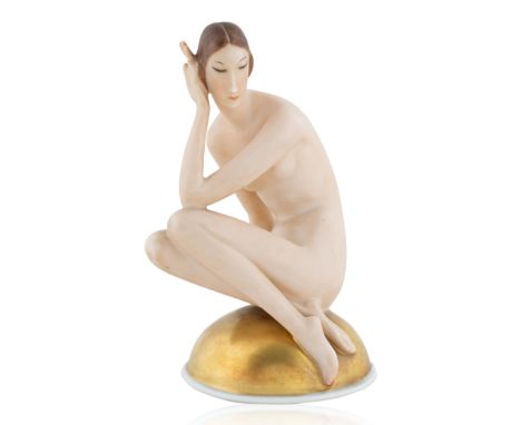 A GERMAN PORCELAIN 'WOMAN' FIGURINE, BY G. SCHLIEPSTEIN FOR ROSENTHAL, CIRCA 1936 in Art Deco Taste, a porcelain nude barefoo