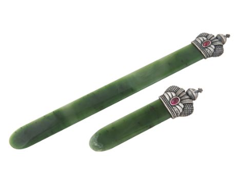 PAIR OF RUSSIAN SILVER-MOUNTED JADE AND HARDSTONE LETTER OPENERS, ST. PETERSBURG, 1898-1903oblong, each topped with crown, ea