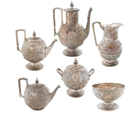 AN AMERICAN SIX-PIECE SILVER TEA SERVICE, MANSFIELD &amp; BAIRD, PHILADELPHIA, 1871-1876the set with with floral and foliate 