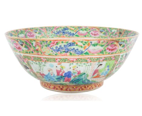 A FAMILLE ROSE MEDALLION PUNCH BOWL, CANTON, MID-19TH CENTURYthe interior and exterior featuring panels of court ladies and d
