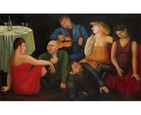 TATIANA NAZARENKO (RUSSIAN B. 1944) Party , 1990 acrylic on canvas 66 x 120 cm (26 x 47 1/4 in.) signed lower right; signed, 