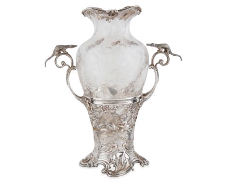 A BRITISH SILVER AND GLASS VASE, WILLIAM CHINNERY, LONDON, CIRCA EARLY 19TH CENTURY of baluster form, with silver handles for