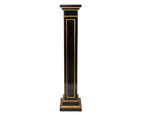 A FRENCH WOODEN EBONIZED BLACK AND GILT GOLD SQUARE PEDESTAL, MAISON JANSEN, MID-19TH CENTURY of elongated square form, with 