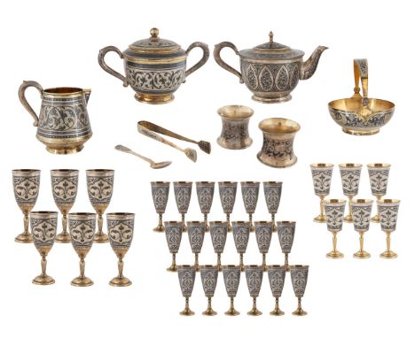 A 38-PIECE SOVIET SILVER AND NIELLO SERVICE, AFTER 1958in Neo-Russian taste, the central bands featuring scrolling acanthus l