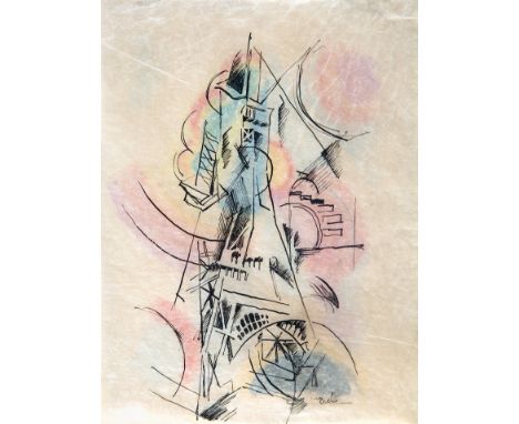 ROBERT DELAUNAY (FRENCH 1885-1941) Study for Tour Eiffel, circa 1910-1911 ink and pastel on tracing paper full sheet measurin