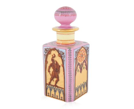 A SMALL PORCELAIN PARISIENNE PERFUME BOTTLE, LATE 19TH CENTURY square, with canted corners and a rounded stopper, the stopper
