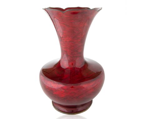 A PIGEON BLOOD RED ENAMEL VASE, MOST-LIKELY JAPANESE, LATE 19TH-EARLY 20TH CENTURY of squated baluster form, the fluted neck 