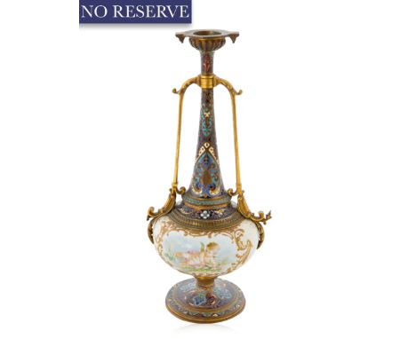 FRENCH CHAMPLEVE ENAMEL CANDLE HOLDER, EARLY 20TH CENTURY of squated ovoid form, with two brass foliate scrolled handles. the