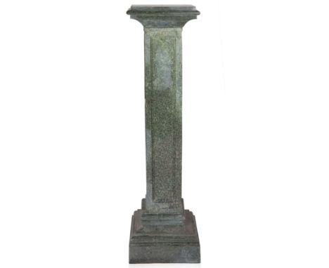 A GREEN HARDSTONE SQUARE PEDESTAL, 2OTH CENTURY a green hardstone pedestal with light and dark variants, the top of rectangul