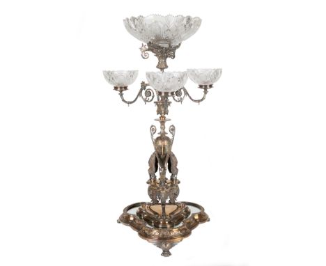 AN BRITISH SILVER-PLATED AND CUT GLASS TWO-PIECE EPERGNE, PROBABLY DESIGNED BY AUGUSTE ADOLPHE WILLMS (1827-1899), ELKINGTON 