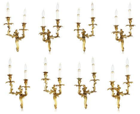 SET OF EIGHT CONTINENTAL ORMOLU SCONCES, LATE 19TH-EARLY 20TH CENTURY a set of eight ormolu sconces, each with two arms forme