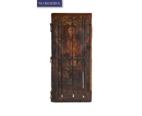 A SMALL ARMENIAN PAINTED WOODEN DOOR, 17TH-18TH CENTURY the wood carved door with metal demi-lune architectural details, meta