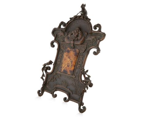 A JAPANESE BRONZE FRAME WITH BUDDHA, MEIJI PERIODof rectangle form, with bamboo detailing around the perimeter, a small mouse