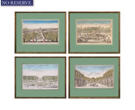 A SET OF FOUR FRENCH VUE D'OPTIQUE HAND-COLORED ETCHINGS, CIRCA 1770comprising:a) Prospectus horti Vauxhall / Le Jardin de Va