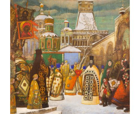 LEONID BRAILOVSKY (UKRAINIAN 1867-1937) Easter Procession oil and pen on panel dimensions of panel: 73 x 76 cm (28 3/4 x 29 7