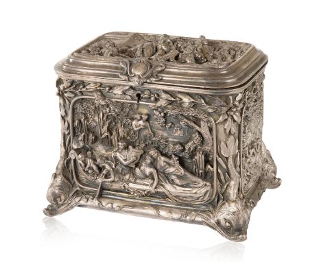 CONTINENTAL SILVER-PLATED REPOUSSE FIGURAL BOX, 19TH CENTURY of cube form, each side featuring a different repousse scene on 