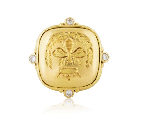 A 19KT GOLD AND DIAMOND 'QUEEN BEE' RING, ELIZABETH LOCKEcushion-form, centered with the Queen Bee surrounded by a laurel lea