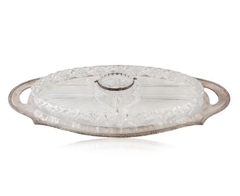 A BRITISH SILVER SERVING TRAY AND CRYSTAL HORS D'OEUVRE FIVE-PIECE SET, ERICH KELLERMAN, 19TH CENTURY comprising:  a) of oblo