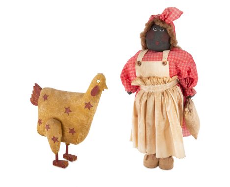 AN AMERICAN FOLK STUFFED DOLL AND CHICKEN, EARLY 20TH CENTURY comprising:   a) a stuffed fabric doll with a painted face, ros