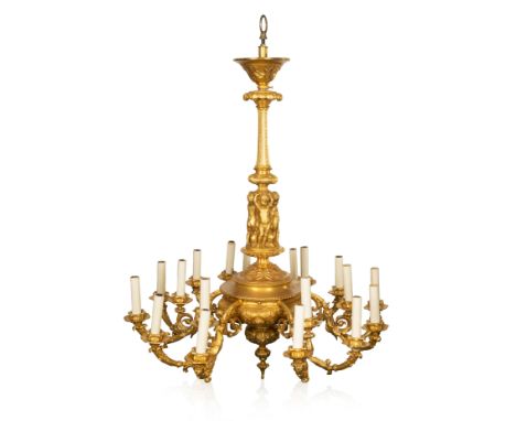 A LOUIS XIV-STYLE ORMOLU EIGHTEEN-LIGHT CHANDELIER, MOST LIKELY FRENCH, EARLY 19TH CENTURY with six arms, each three-light, f