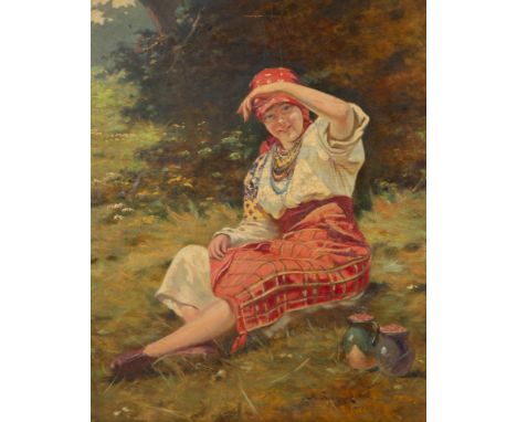 MIKOLAI IWASIUK (UKRAINIAN 1865-1930)Peasant Girl at Rest, 1925oil on board41 x 33 cm (16 1/8 x 13 in.)signed and dated lower
