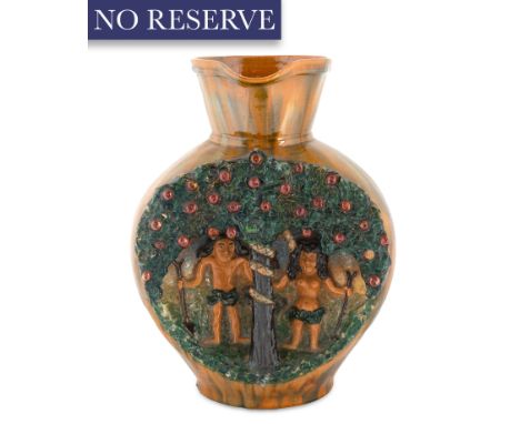 A GLAZED CERAMIC JUG BY SOUTHERN FOLK ARTIST, AMERICAN, EARLY 20TH CENTURYof rounded shape, depicting Adam and Eve in the Gar
