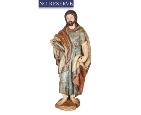 A SPANISH POLYCHROME WOOD FIGURE OF CHRIST TEACHING, 18TH CENTURYshown standing, holding a Testament in his right hand and th