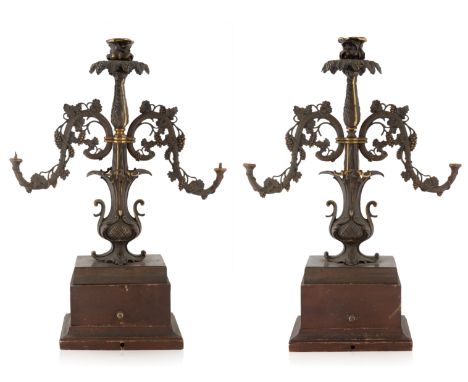 A PAIR OF BRONZE CANDELABRAS, LATE 19TH CENTURY three light candelabras, the arms formed from a continuous grapevine, the cen