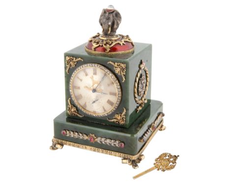 A FABERGE-STYLE NEPHRITE, GILT SILVER AND GUILLOCHE ENAMEL DESK CLOCK, ST. PETERSBURG, 1898-1908square, the gilt silver dial 